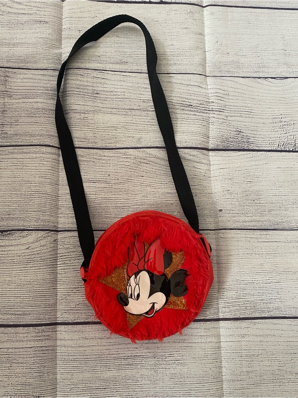 Disney Red Minnie Mouse Plush Round Crossbody Bag with Black Strap